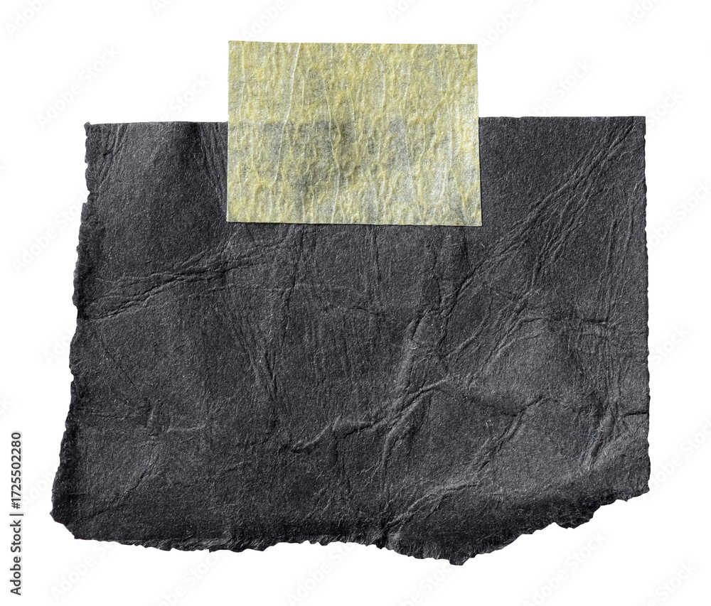 Poster isolated cut out torn piece of black paper note cardboard with rough texture edges and adhesive stic