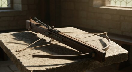 Obraz premium A medieval crossbow rests on a stone table in a sunlit interior