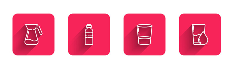 Set line Jug glass with water, Bottle of, Glass and with long shadow. Red square button. Vector