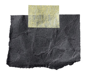 Isolated cut out torn piece of black paper note cardboard with rough texture edges and adhesive sticky tape with copy space for text, transparent png background design element
