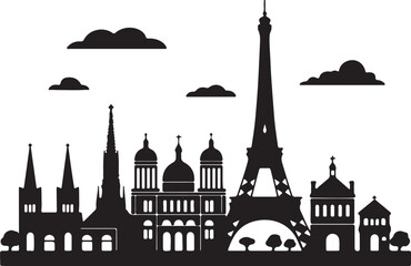 Black vector silhouette of Budapest's famous skyline with city monuments, buildings, and a castle set