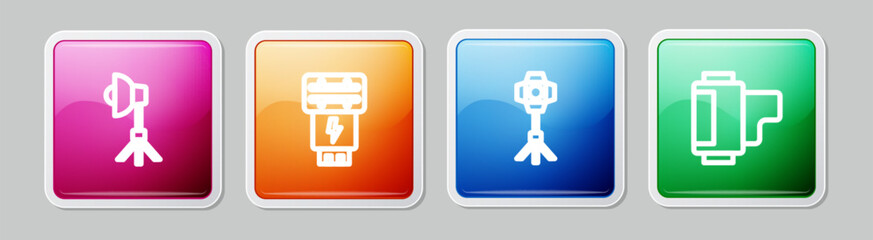 Fototapeta premium Set line Softbox light, Photo camera flash, and Camera roll cartridge. Colorful square button. Vector