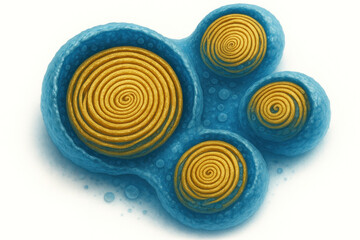 Abstract organic shapes with swirling gold centers, symbolizing growth, discovery, and biological processes.