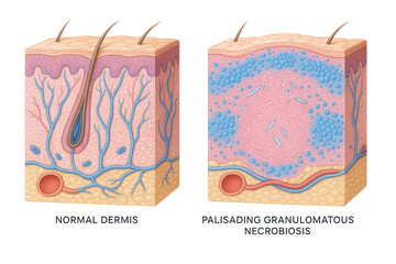Anatomical illustration comparing a normal dermis with a dermis affected by palisading granulomatous necrobiosis.