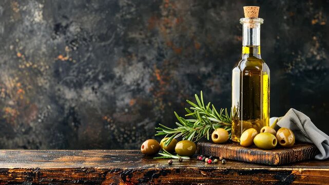 Discover the beauty of olive oil, rosemary, and olives set on a rustic wooden surface, perfect for enhancing culinary creations