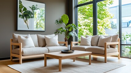Fototapeta premium Modern Bright Living Room with Stylish Sofas and Large Windows