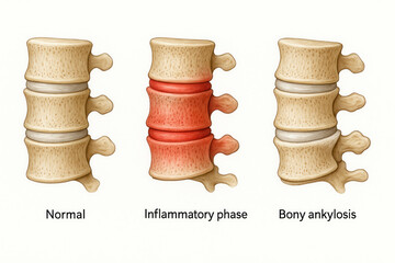 Medical Illustration of Spinal Vertebrae Showing Normal, Inflammatory Phase, and Bony Ankylosis