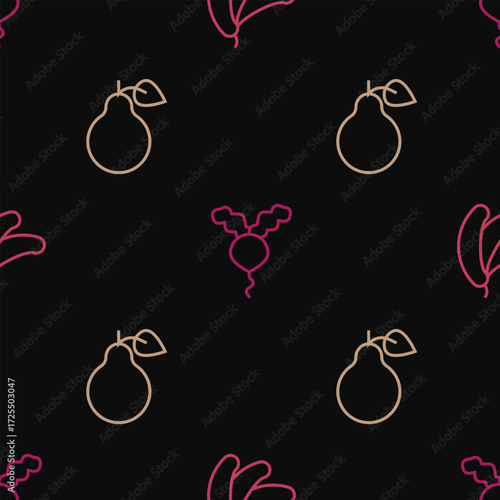 Poster set line banana, pear and radish on seamless pattern. vector