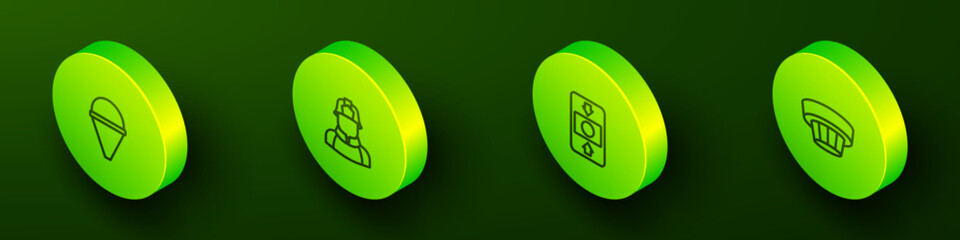 Set Isometric line Fire cone bucket, Firefighter, alarm system and Smoke icon. Vector