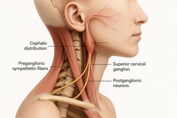 Anatomical illustration of the superior cervical ganglion and sympathetic nervous system pathways in the human neck.