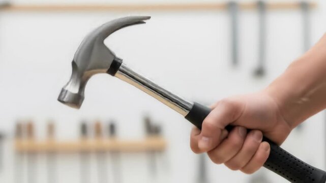Hand utilizing hammer for precise diy woodworking with background tool display
