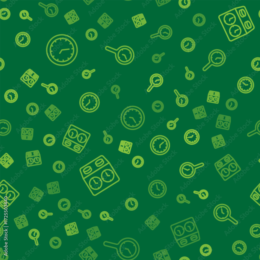 Poster set line clock, time chess clock and magnifying glass with on seamless pattern. vector