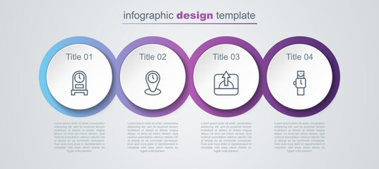 Set line Antique clock, Time zone clocks, Sunrise and Wrist watch. Business infographic template. Vector