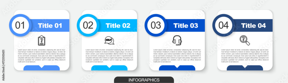 Poster set line clipboard with question marks, speech bubble text help, headphones and unknown search. busi