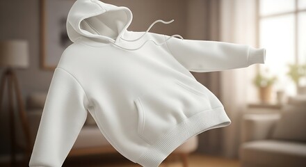 A cozy, blank white oversized hoodie or hooded sweatshirt, featuring a pouch pocket and ribbed cuffs, floating dynamically in a relaxed, sunlit living room setting.