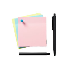 Top-down studio shot of fanned blank pastel pink, yellow, blue sticky notes with an azure pushpin and matte black pen, isolated on transparent, concept of clean product display