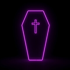 Obraz premium Neon coffin with cross glowing in purple light on black background 