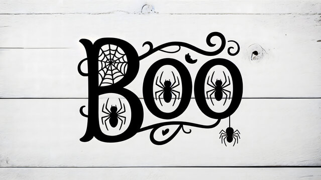 Halloween boo text with spiders and spiderwebs on a white wood background