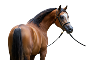 Majestic light brown dapple Arabian horse with grey face, dark flowing mane, black leather bridle, gold bit, elegantly posed in pristine transparent studio. High-end product photography