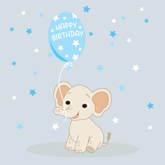 Cheerful baby elephant holds balloon Text happy birthday, blue stars. Boy's birthday theme. For the design of greeting cards, prints, posters, stickers, puzzles. Vector illustration