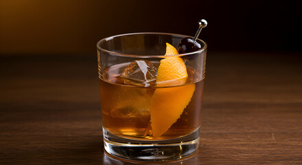 Elegant Old Fashioned Cocktail with Orange Peel and Cherry on Wooden Surface