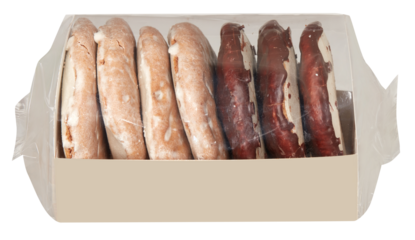 Chocolate and milk coated crackers in a paper box covered with a clear plastic bag cut out isolated transparent background