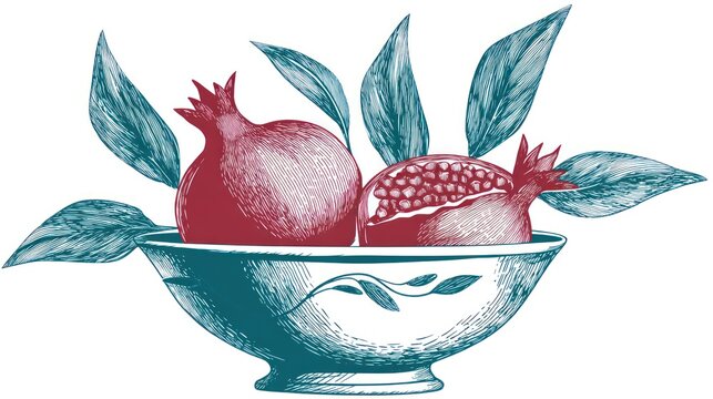 Two pomegranates in a teal bowl with leaves