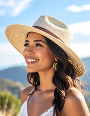 Woman wearing a straw hat smiles outdoors