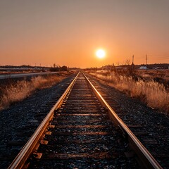 Obraz premium Train tracks at sunset with distant town and road Keywords: railroad, tracks, train, railway