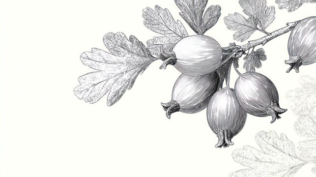 Detailed grayscale drawing of gooseberries and leaves