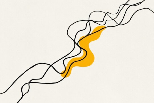 Abstract design with flowing black lines and a pop of yellow