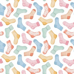 Watercolor seamless pattern with assorted socks on white background, kids fabric print
