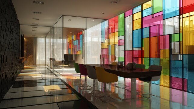 Modern dining area with vibrant stained-glass wall
