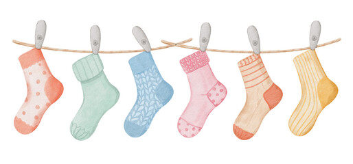 Watercolor illustration of assorted colorful socks hanging on clothesline isolated on transparent background