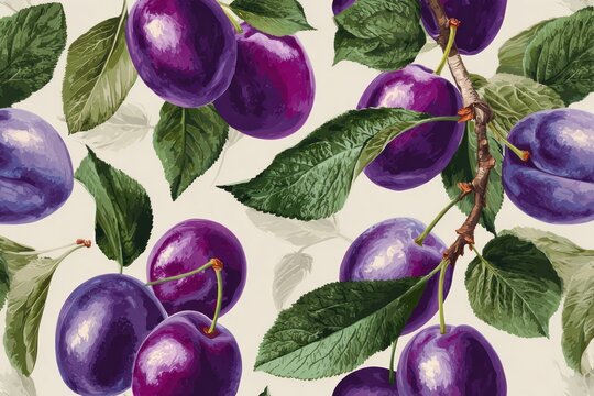 Plums and leaves, detailed pattern
