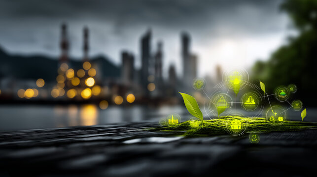 A cityscape background with sustainability icons like carbon reduction hyper realistic eco symbols with vivid details moody shadows on urban surfaces bright saturation in