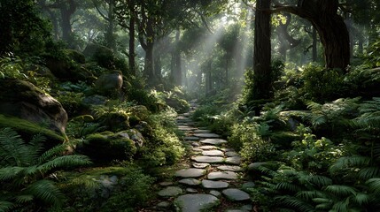 Fototapeta premium Enchanting stone pathway winds through a lush, magical jungle. Sunbeams dramatically pierce through the dense canopy, illuminating the vibrant green ferns and trees.