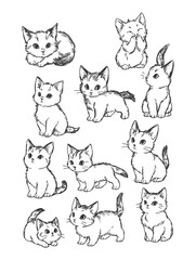 Cute hand-drawn doodle cats in playful poses, sketch style with expressive faces.