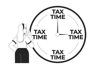 Tax season line illustration concept. Urgent task. Financial duty. Filing reminder. Woman taxpayer thinking about taxation time clock outline 2D character isolated. Ink linear metaphor vector art