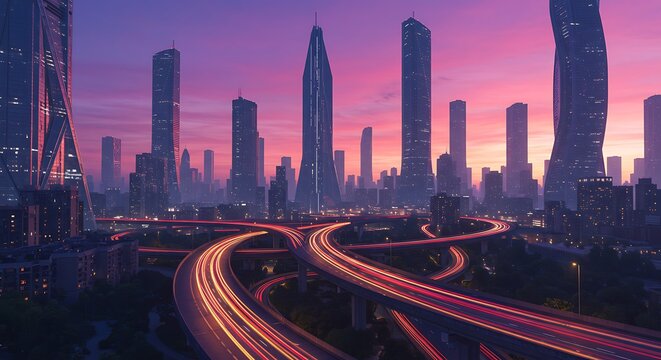 Futuristic Cityscape: Skyscrapers and Twilight Highway
