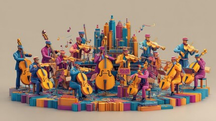 Fototapeta premium Colorful orchestra in a city-themed, 3D design