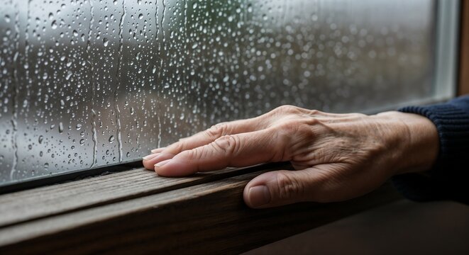 Elderly Person Touching Window During Rain for Awareness of Social Isolation of the Elderly, Emotional Well-being Blogs, Mental Health Content, and Supportive Communities