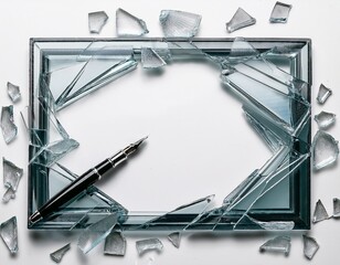 frame of broken glass white background shattered glass shards premium pen tool cutout
