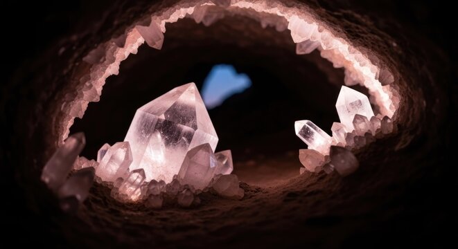 Crystal-lined cave tunnel, glowing crystals