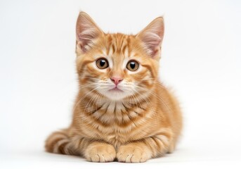 Adorable orange tabby kitten with striking eyes poses on a white background