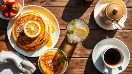 top view of summer brunch on a wooden table, golden sunlight on the break fast, lime food