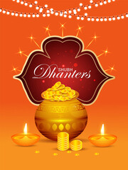 Happy Dhanteras Indian Festival Diwali biggest gold sale banner, poster and web header design vector illustration.