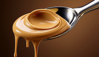 close up of creamy peanut butter dripping from a spoon in a smooth swirl against a neutral background generative ai