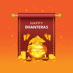 Happy Dhanteras Indian Festival Diwali biggest gold sale banner, poster and web header design vector illustration.