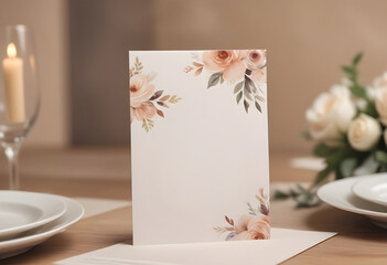 Elegant wedding invitation mockup with floral decoration, blank card template with roses and leaves, luxury stationery design for romantic celebration, love and anniversary